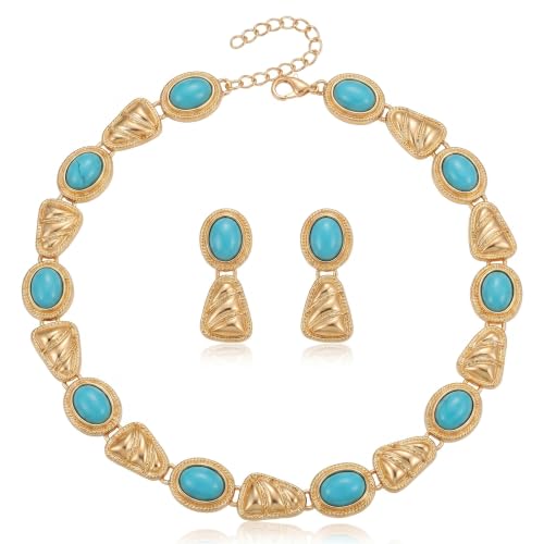 Turquoise Pearl Jewelry Set for Women 14K Gold Plated Choker & Drop Earrings Boho Western Vintage Statement Costume Jewelry for Wedding Birthday Party Gift - color: Turquoise set 2