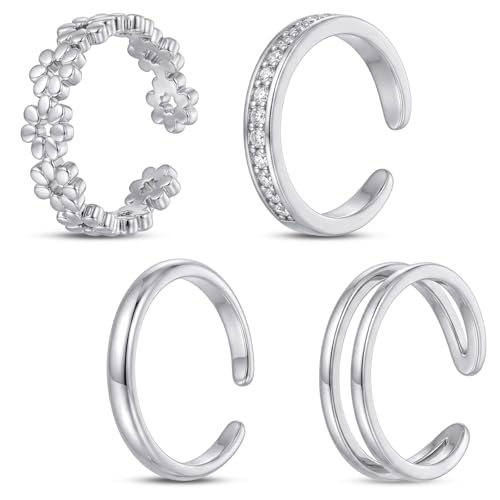 Tyqour Silver Toe Rings for Women Stainless Steel Toe Rings Adjustable Ring Set of 4 Non Tarnish Toe Rings Silver for Summer Beach Jewelry