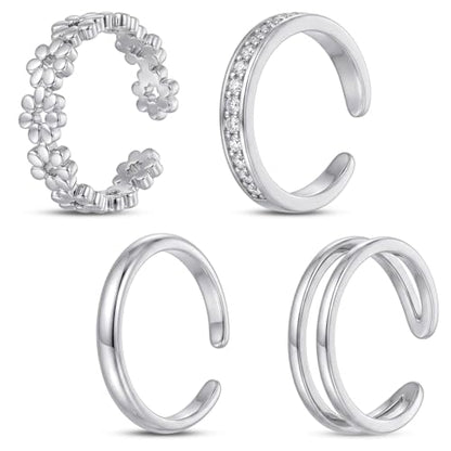Tyqour Silver Toe Rings for Women Stainless Steel Toe Rings Adjustable Ring Set of 4 Non Tarnish Toe Rings Silver for Summer Beach Jewelry