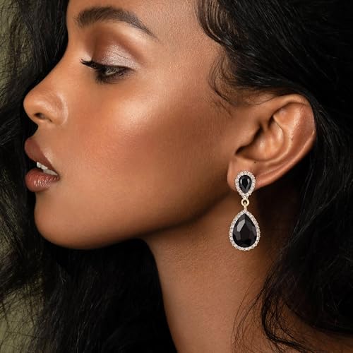 EVER FAITH Women's Austrian Crystal Wedding Tear Drop Dangle Earrings | Bridal Prom Jewelry for Bride Bridesmaid - color: Black Gold-Plated-Base