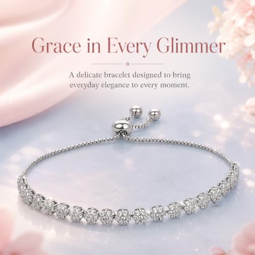 LeCalla 925 Sterling Silver Sliding Bolo Bracelet | Adjustable Beaded Tennis Bracelets for Women | Adjustable Slider Bolo Bracelets Gifts for Her - color: Flower Shaped CZ