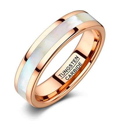 Vakki 4mm 6mm Womens Rose Gold Tungsten Carbide Ring with Mother of Pearl Shell/Marble Inlaid Wedding Band Comfort Fit Size 5-12 - color: E-6mm-Mother of Pearl