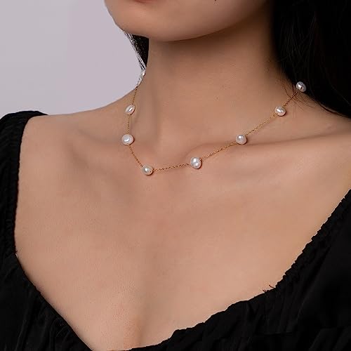 925 Sterling Silver Dainty Freshwater Cultured Pearl Choker Necklace White Genuine Real Pearl Charm Necklaces Jewelry Gifts for Her - color: Satellite Baroque 8-9mm-Gold