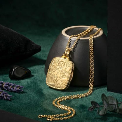 YOUFENG Love Heart Locket 14K Gold-Filled Oval Circle Rectangle Lockets that Hold Pictures Floral Patterns Necklace for Women - style: Gold Rectangle