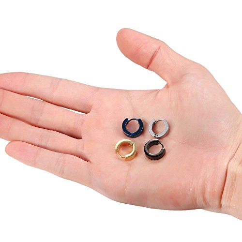 Aroncent Stainless Steel Hoop Earrings: 3-8 Pairs Men Small Hoop Huggie Hinged Earrings Set for Men Women 4mm Valentine Day Gifts - color: B-3PCS-Black+Blue+Silver+Gold