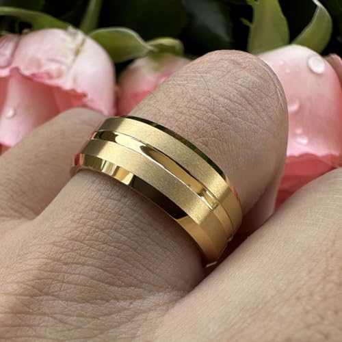 TUTISS 6mm 8mm Silver/Black/Blue/Gunmetal/Gold/Rose Gold Tungsten Rings for Men Women Fashion Engagement Wedding Bands Matte Finish Beveled Edges Comfort Fit - color: 8mm Gold Tungsten