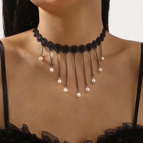 Lace Choker Necklace for Women Gothic Pearl Pendant Necklace Halloween Cosplay Jewelry - color: Black