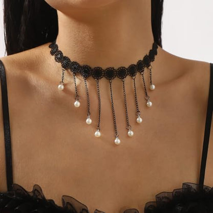 Lace Choker Necklace for Women Gothic Pearl Pendant Necklace Halloween Cosplay Jewelry - color: Black
