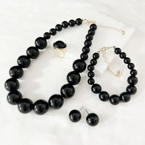 Large Big Simulated Pearl Adjustable Chain Necklace Bracelet Dangling Earrings Ring for Women Jewelry Set Imitation Dainty Elegant Wedding Party Birthday - color: black