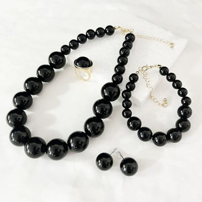 Large Big Simulated Pearl Adjustable Chain Necklace Bracelet Dangling Earrings Ring for Women Jewelry Set Imitation Dainty Elegant Wedding Party Birthday - color: black
