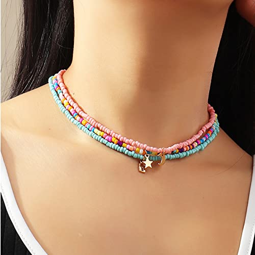 Handmade Multilayered Rainbow Colorful Beads Link Chain Moon Star Butterfly Pendant Choker Necklace Friendship Creative Beach Costume Jewelry for Women - color: pink