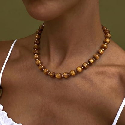Colorful Beaded Necklace for Women Chunky Resin Beads Choker Necklaces Boho Statement Necklace Summer Vacation Y2K Jewelry - color: Amber