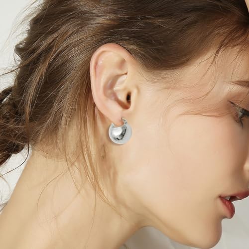 Small Chunky Gold Hoop Earrings For Women, 14k Gold Thick statement huggie hoop earrings Trendy Hoop Earrings Set Hypoallergenic Fashion Earrings - color: Ball-Silver 1