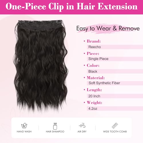 REECHO Clip in Hair Extensions, 20” One Piece Hair Extension Clip in Wefts Long Thick Beach Wavy Natural Soft Synthetic Hairpieces for Women, Black Brown - color: Black Brown - Wavy, size: 20 Inch (Pack of 1)