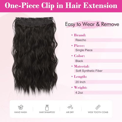 REECHO Clip in Hair Extensions, 20” One Piece Hair Extension Clip in Wefts Long Thick Beach Wavy Natural Soft Synthetic Hairpieces for Women, Black Brown - color: Black Brown - Wavy, size: 20 Inch (Pack of 1)