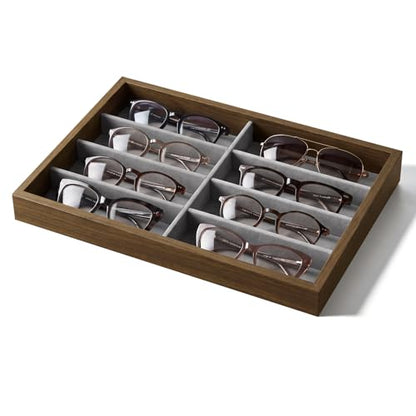 Stratalife 8 Grids Drawer Sunglasses Organizer Tray, Gray Velvet | Stackable Eyeglasses Storage Case with Removable Dividers, Wood Jewelry Display Case for Necklace Bracelet, 13.78x9.5x1.2inch - color: Grey-01