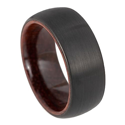 8mm Tungsten Carbide Genuine Natural Koa Wood Inner Inlay Ring Black/Gold/Silver/Rose Gold Wedding Band Hammered Textured Flat Style Comfort Fit Gift Box Included - color: Black Tungsten