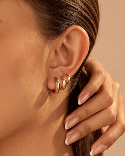 316L Surgical Stainless Steel 3Pairs 14K Gold Plated Hoop Earrings Set for Women Chunky Earring Hypoallergenic Small Huggie Hoops Lightweight Trendy Hoop Earrings Stacks for Multiple Piercing