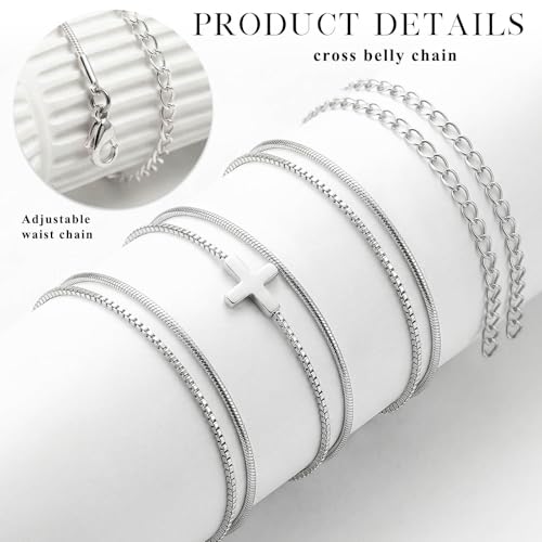 Cross Waist Chain, Women Layered Belly Chain, 2Pcs Minimalist Body chains for Causal Beach - color: Silver