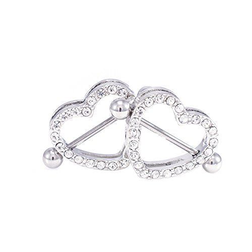 14G Stainless Steel CZ Paved Heart Nipple Rings Nipple Piercing Jewelry for Women 7/8 Inch 22mm - color: Silver - Clear CZ