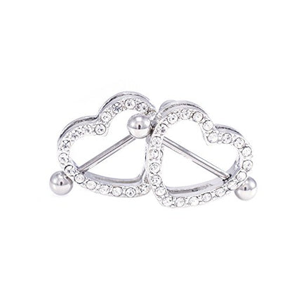 14G Stainless Steel CZ Paved Heart Nipple Rings Nipple Piercing Jewelry for Women 7/8 Inch 22mm - color: Silver - Clear CZ