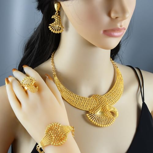 indian Women Jewelry Necklace Set african Dubai Bride Wedding Prom Fashion Jewelry 24K Gold Plated Necklace Bangles Rings Earrings - color: S-347