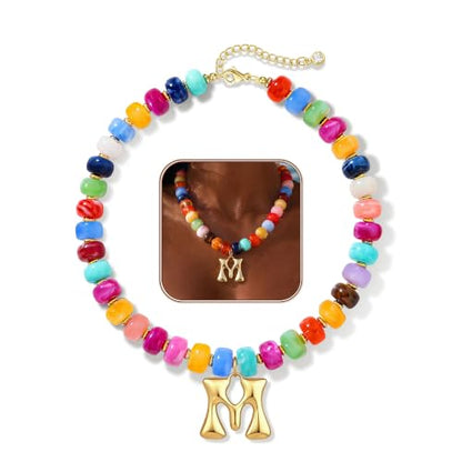 Colorful Chunky Beaded Necklaces for Women Bubble Letter Initial Choker | Boho Statement Bead Necklace, Personalized Rainbow Gemstone Necklaces, Baublebar Gold Necklace Stack, Summer Beach Jewelry - color: Initial M