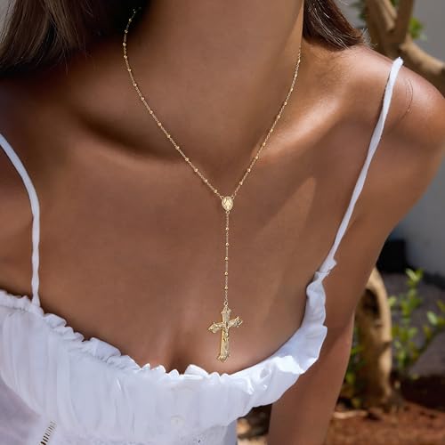 CHESKY Lariat Necklace for Women，14k Gold/Sliver Plated Layered Necklace | Gold/Sliver Long Necklace，Dainty Cross Pendant, Wedding Y-Shaped Drop Chain, Waterproof Jewelry Gift for Women Everyday Wear - style: Crossbead