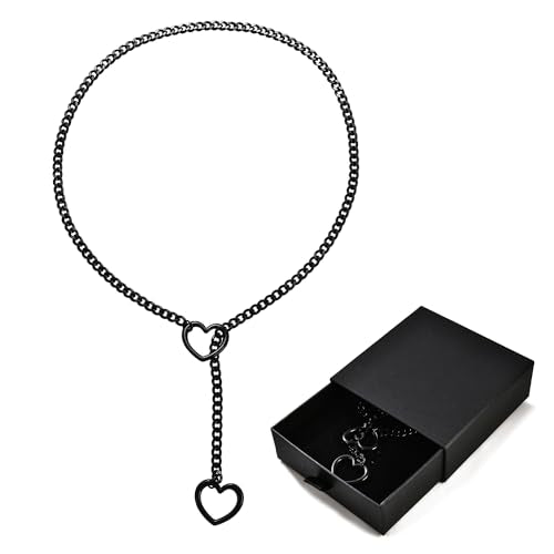 Qitian Stainless Steel Adjustable Lariat Y-Necklace for Men,Punk Gothic Cuban Necklace Jewelry,Heart O-ring Slip Chain Necklace for Women - color: Black