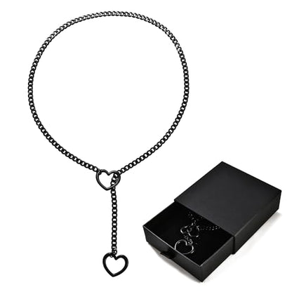 Qitian Stainless Steel Adjustable Lariat Y-Necklace for Men,Punk Gothic Cuban Necklace Jewelry,Heart O-ring Slip Chain Necklace for Women - color: Black