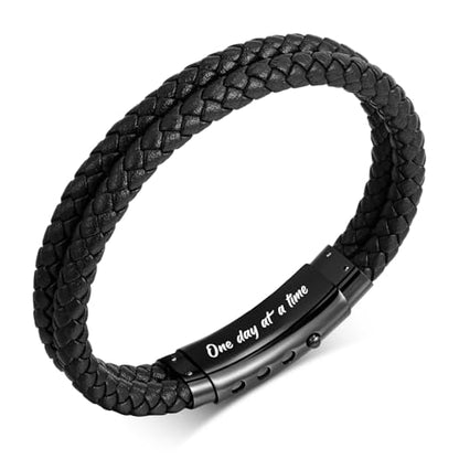 VNOX Men's Inspirational Mantra Engarved Handmade Braided Leather Adjustable Cuff Bangle Bracelet Encouragement Motivational Gift for Men - style: Black-Double Braided
