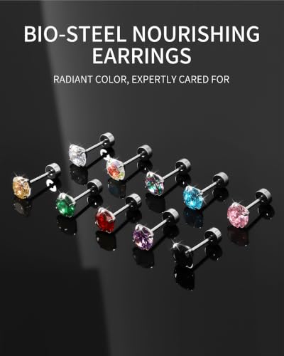 6 Pairs Surgical Steel Flat Back Earrings | CZ Stud Set | Hypoallergenic 316L Surgical Steel • Flat Back Threaded Studs for Cartilage, Helix & Lobe • 6 Mixed Sizes (3-8mm) - color: Flatback-Royal blue