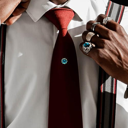 HAWSON Mens Tie Tack with Chain Round Crystal Wedding Business Accessories - color: Gold + Blue Zircon