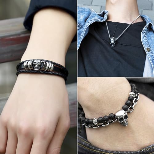 Elecrelive 10Pcs Skeleton Skull Beads Stainless Steel Skull Head Beads Halloween Charms for Gothic Necklace Bracelets Earrings Jewelry Making - color: Steel Color
