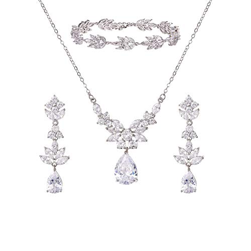 SWEETV Teardrop Wedding Bridal Jewelry Set for Brides Women Bridesmaid, Crystal Rhinestone Backdrop Necklace Earring Sets for Prom - color: 01.Silver