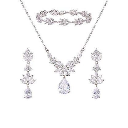 SWEETV Teardrop Wedding Bridal Jewelry Set for Brides Women Bridesmaid, Crystal Rhinestone Backdrop Necklace Earring Sets for Prom - color: 01.Silver
