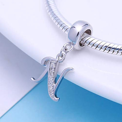 925 Sterling Silver Charms Alphabet Beads fit Pandora Charm Bracelets A-Z Letter Initial Spacer Dangle Clear CZ Stone Authentic for Snake Chain Bracelets - color: N