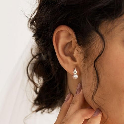 Pearl Earrings for Women:Gold Wedding Dangle Drop Earring Pearl Jewelry | 14K Gold Plated Pearl Drop Earrings for Women,Dainty Wedding Bride Earring Studs,Gold Dangle Drop Earring,Waterproof Jewelry - size: 1 pcs-10