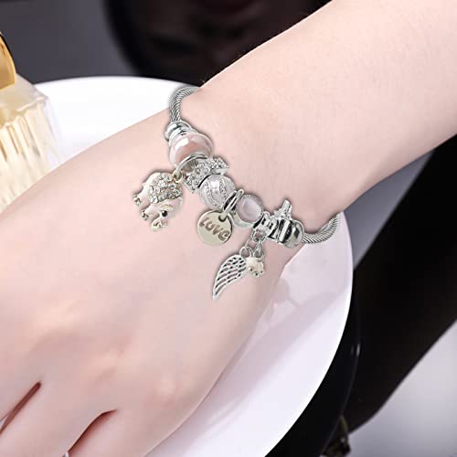 DS Charm Bracelets for girls,exquisite cute cartoon friendship bracelets Silver Stainless Steel Bangle with birthday Gift box, Adjustable girls jewelry Suitable for holiday gifts - style: Silver-pink elephant
