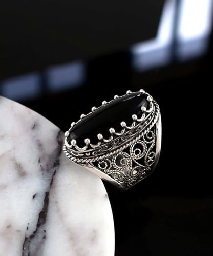 Filigranist 925 Sterling Silver Handcrafted Filigree Art Women Oval Boho Statement Ring with Gemstones, Gift Boxed - color: Black Onyx, size: 5