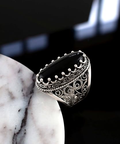 Filigranist 925 Sterling Silver Handcrafted Filigree Art Women Oval Boho Statement Ring with Gemstones, Gift Boxed - color: Black Onyx, size: 6.5