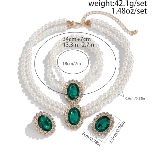 3Pcs Dainty Elegant Imitation Pearl Beaded Choker Necklace Bracelets Earrings Set Handmade Adjustable Faux Pearl Necklace for Women Bridal Wedding Party Prom Birthday Valentine Jewelry Gifts - color: E green