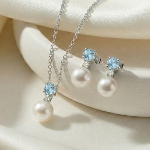 Mariell Pearl Wedding Necklace Earrings Set with CZ Crystal, Jewelry for Brides, Bridesmaid, Mother's Day - color: Silver-Blue Cubic Zirconia