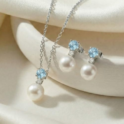 Mariell Pearl Wedding Necklace Earrings Set with CZ Crystal, Jewelry for Brides, Bridesmaid, Mother's Day - color: Silver-Blue Cubic Zirconia