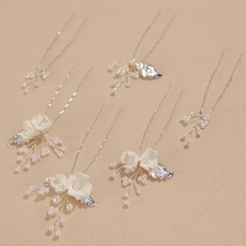 Handmade Pearl Bridal Hair Pins Wedding Hair Accessories for Women Brides Bridesmaid - color: Silver/Pearl White Flower