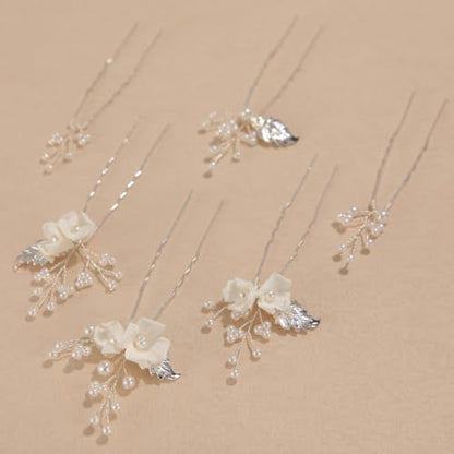 Handmade Pearl Bridal Hair Pins Wedding Hair Accessories for Women Brides Bridesmaid - color: Silver/Pearl White Flower
