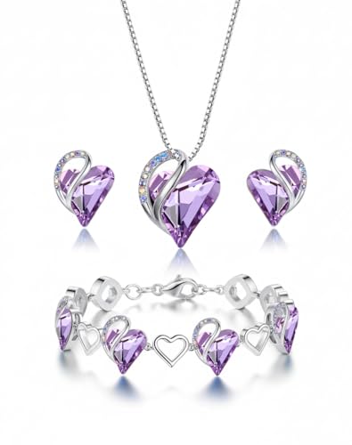Leafael Necklace Gift Set for Women, Infinity Love Birthstone Heart Pendant with Matching Earrings and Bracelet, for Mom and Wife, Silver Plated - color: 06-Set-June-Light Purple