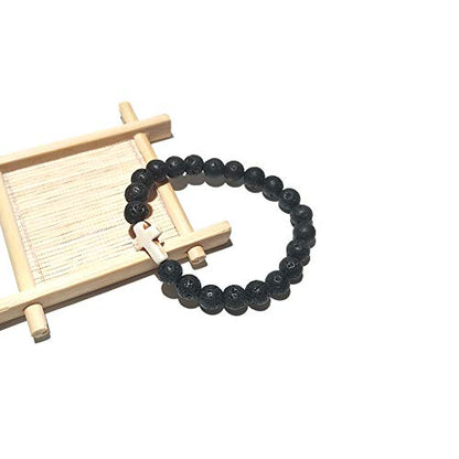 8MM Ornament Lava Volcanic Stone Beads Turquoise Cross Elastic Stretch Bracelet Religion Bangle for Women Men - color: White