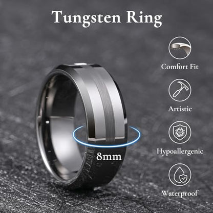 King Will Classic Tungsten Carbide Ring Brushed Two Grooved Center Hammered Design Mens Wedding Band for Men | Black/Silver/Gold, 8mm, Men's Wedding Band, Grooved, Comfort Fit, Everyday Wear - color: A-Gunmetal Gray 8mm