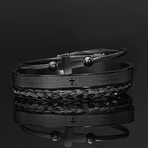 WFYOU 3PCS Stainless Steel Imperial Crown Bracelets for Men Gold Roman Numeral Bangle Bracelet Adjustable Cuff Bracelet Mens Luxury Jewelry Gifts - style: 05:Black-Cross